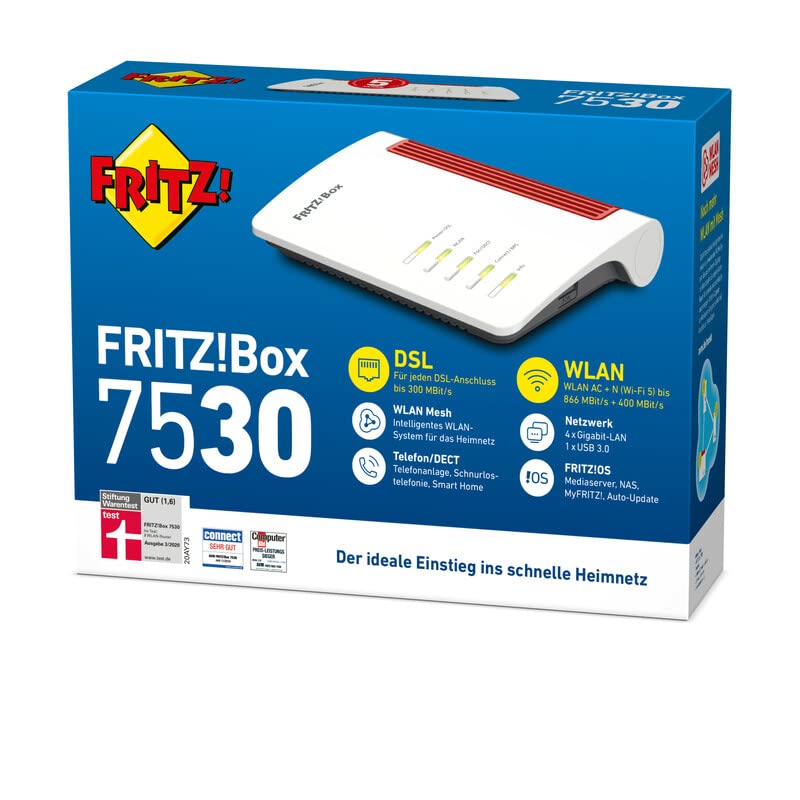 FRITZ!Box 7530 WLAN AC+N – DSL-Router, 866 + 300 Mbit/s, DECT-Basis, Mesh