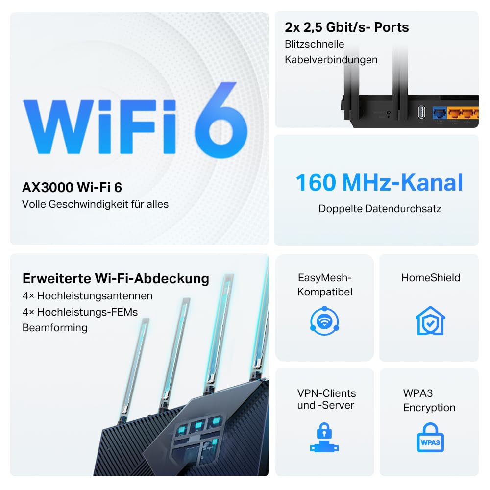 TP-Link Archer AX55 Pro – Wi-Fi 6 Router AX3000, Dualband, bis 3 Gbit/s, Gigabit-Ports