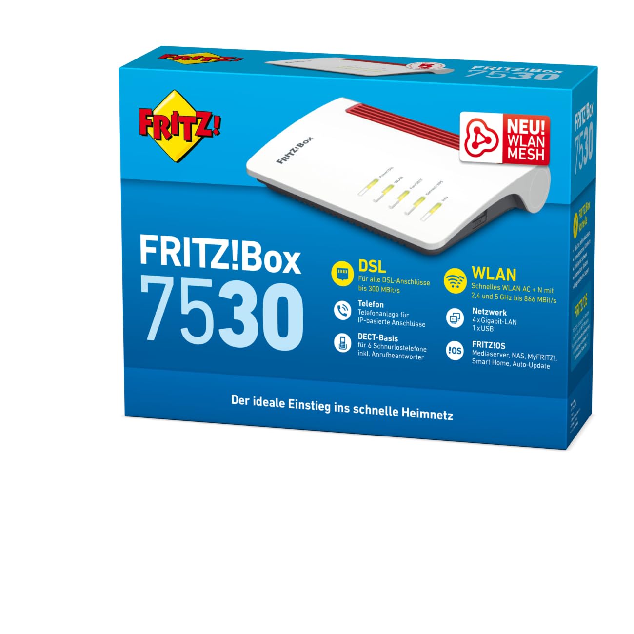 FRITZ!Box 7530 AX+N – DSL-Router mit Wi-Fi 6, 2.400 + 600 Mbit/s, Mesh, DECT-Basis