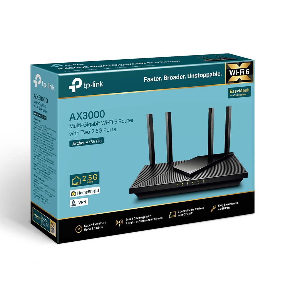 TP-Link Archer AX55 Pro – Wi-Fi 6 Router AX3000, Dualband, bis 3 Gbit/s, Gigabit-Ports
