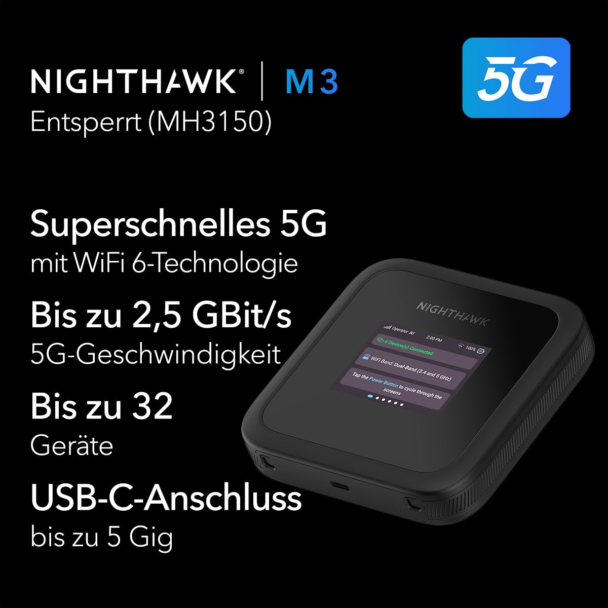 NETGEAR Nighthawk M3 – Mobiler 5G Router, Wi-Fi 6, bis 2,5 Gbit/s, SIM-Slot