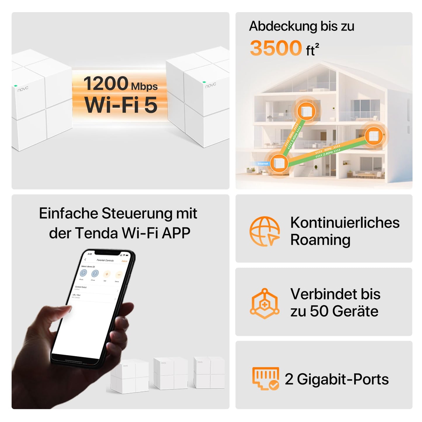 Tenda Nova MW6 – Mesh WLAN System AC1200, Dualband, bis 1200 Mbit/s, 3er Pack