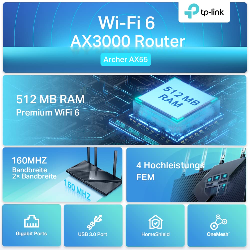 TP-Link Archer AX55 – WLAN Router Wi-Fi 6, 2402 Mbit/s + 574 Mbit/s, Gigabit-LAN
