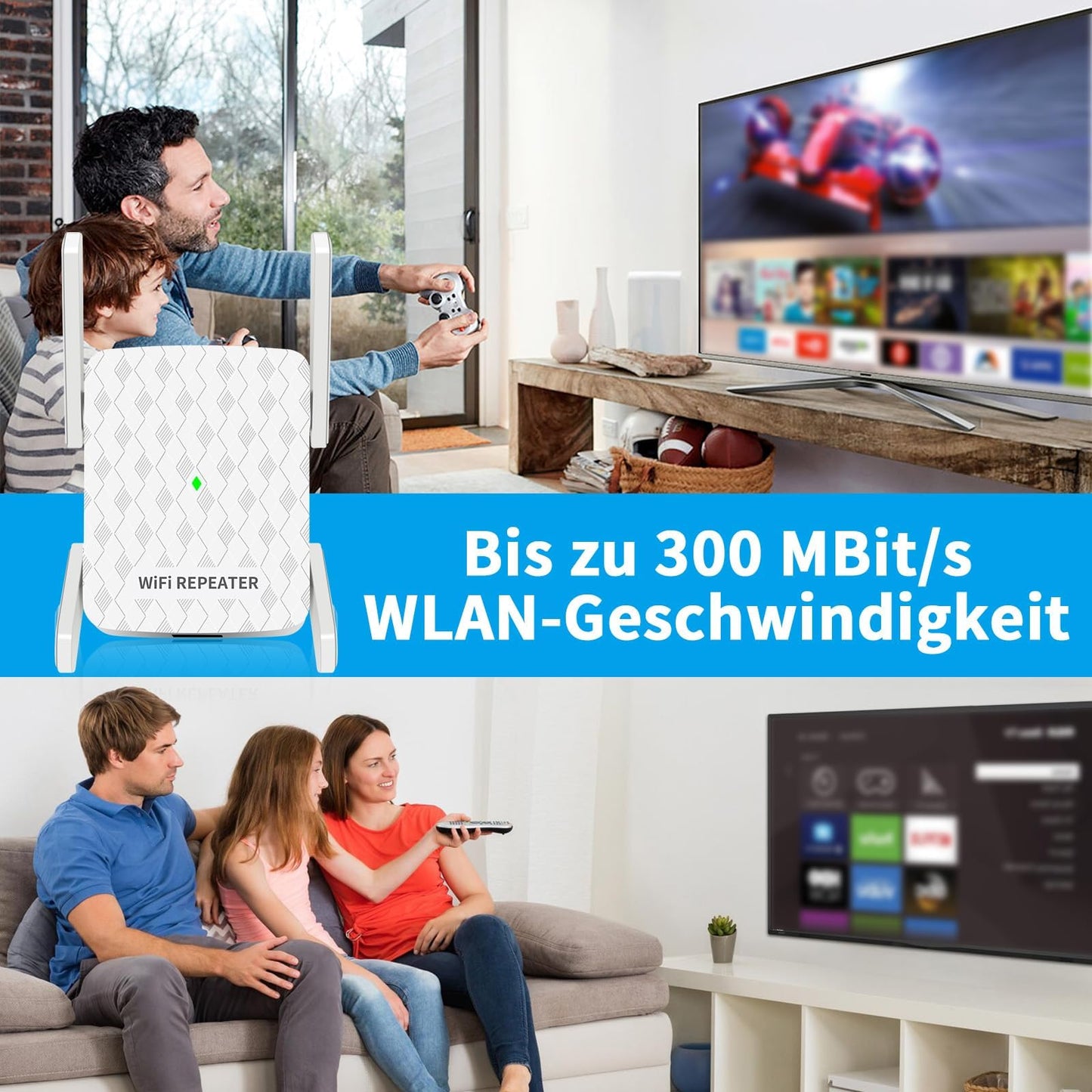 CINAMON WLAN Verstärker – Repeater N300, 2,4 GHz, Ethernet-Port, WPS, bis 200 m²