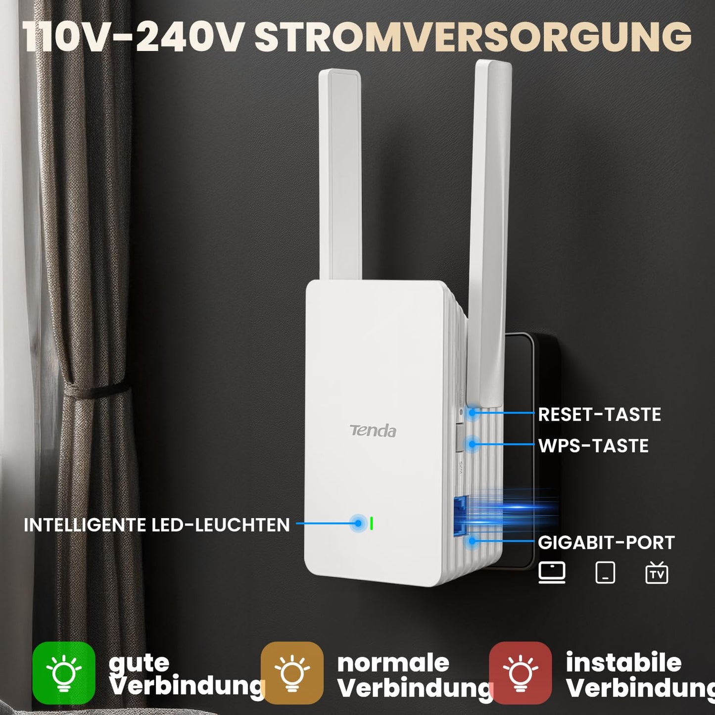 Tenda WiFi 6 Repeater AX1500 – WLAN Verstärker mit bis zu 1.200 Mbit/s, WPA3, App-Steuerung