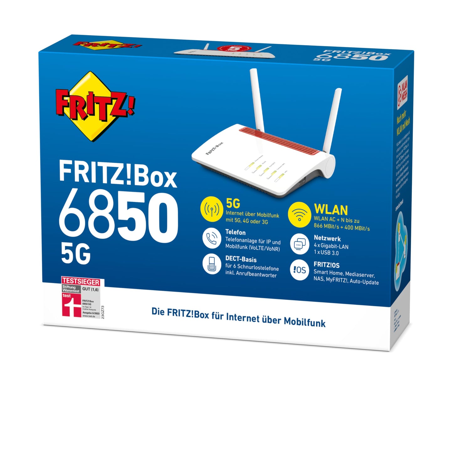 FRITZ!Box 6850 5G – LTE/5G Router, bis 1.300 Mbit/s, WLAN AC+N, Gigabit-LAN, DECT-Basis