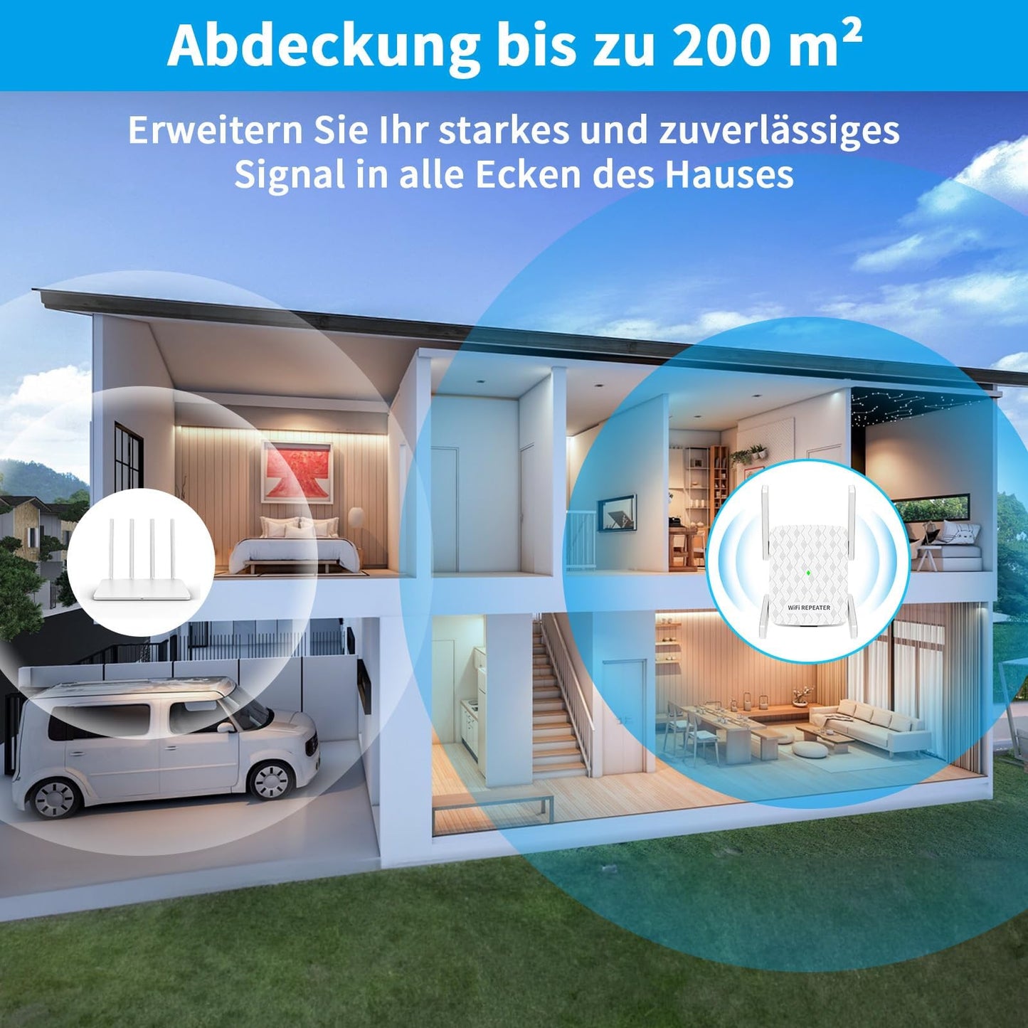 CINAMON WLAN Verstärker – Repeater N300, 2,4 GHz, Ethernet-Port, WPS, bis 200 m²