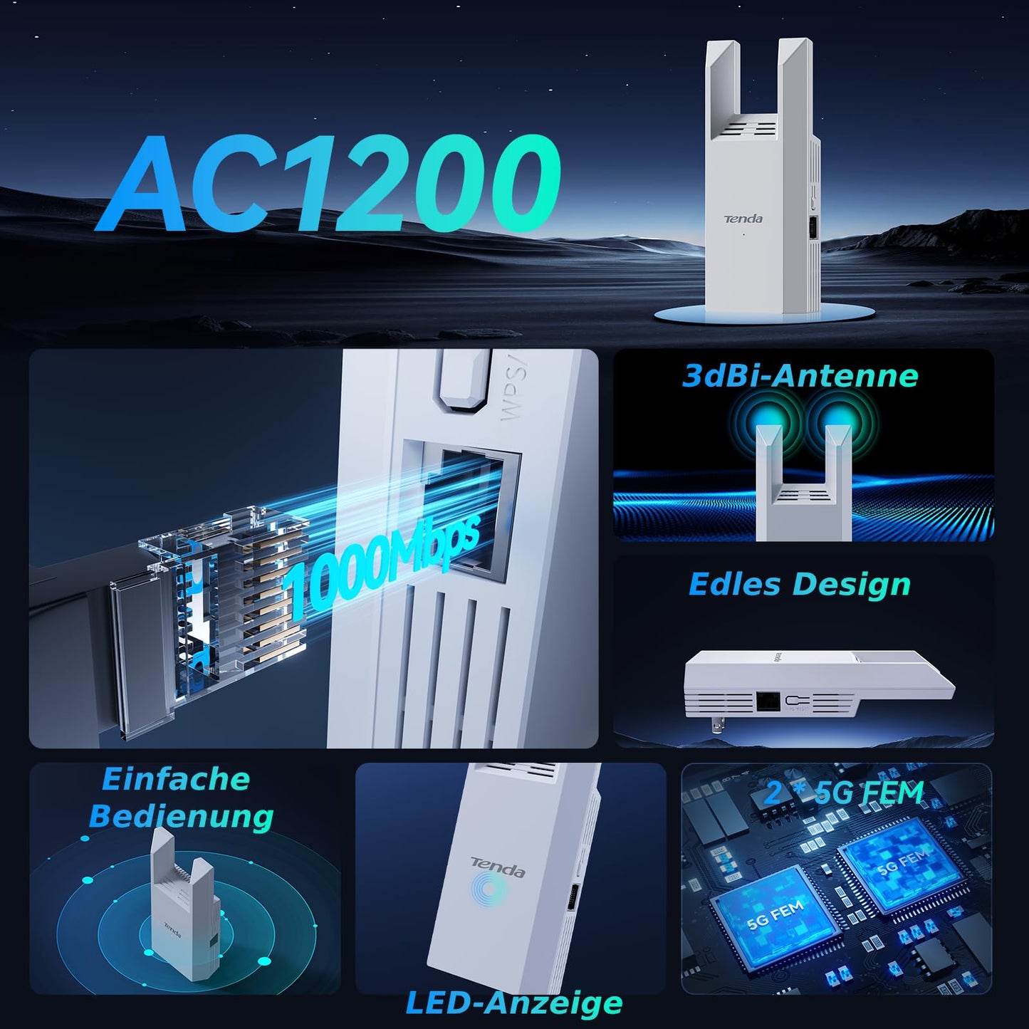 Tenda A18 Pro – WLAN Verstärker AC1200, Dualband, Gigabit-LAN, App-Steuerung