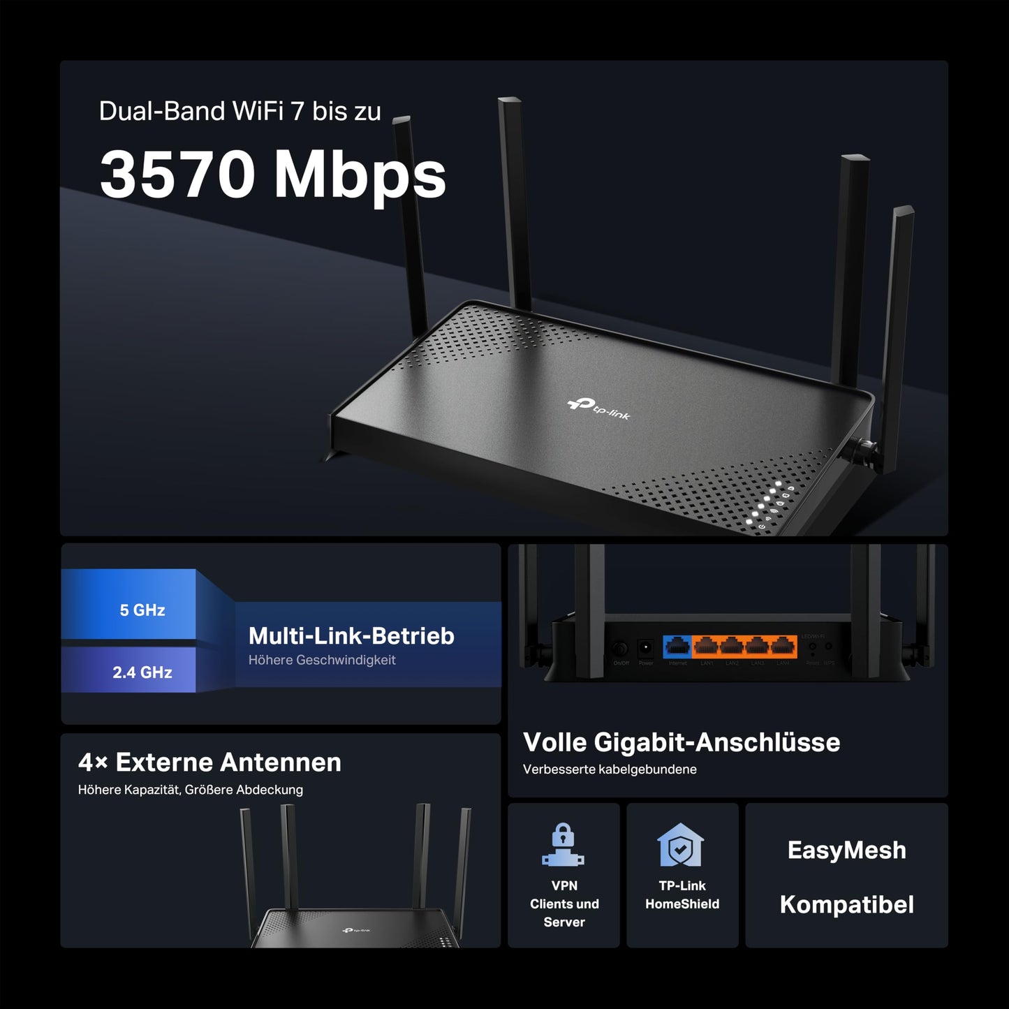 TP-Link Archer BE220 – Wi-Fi 7 Router, Dualband, bis 3570 Mbit/s, 5x Gigabit-Port, USB 3.0, EasyMesh