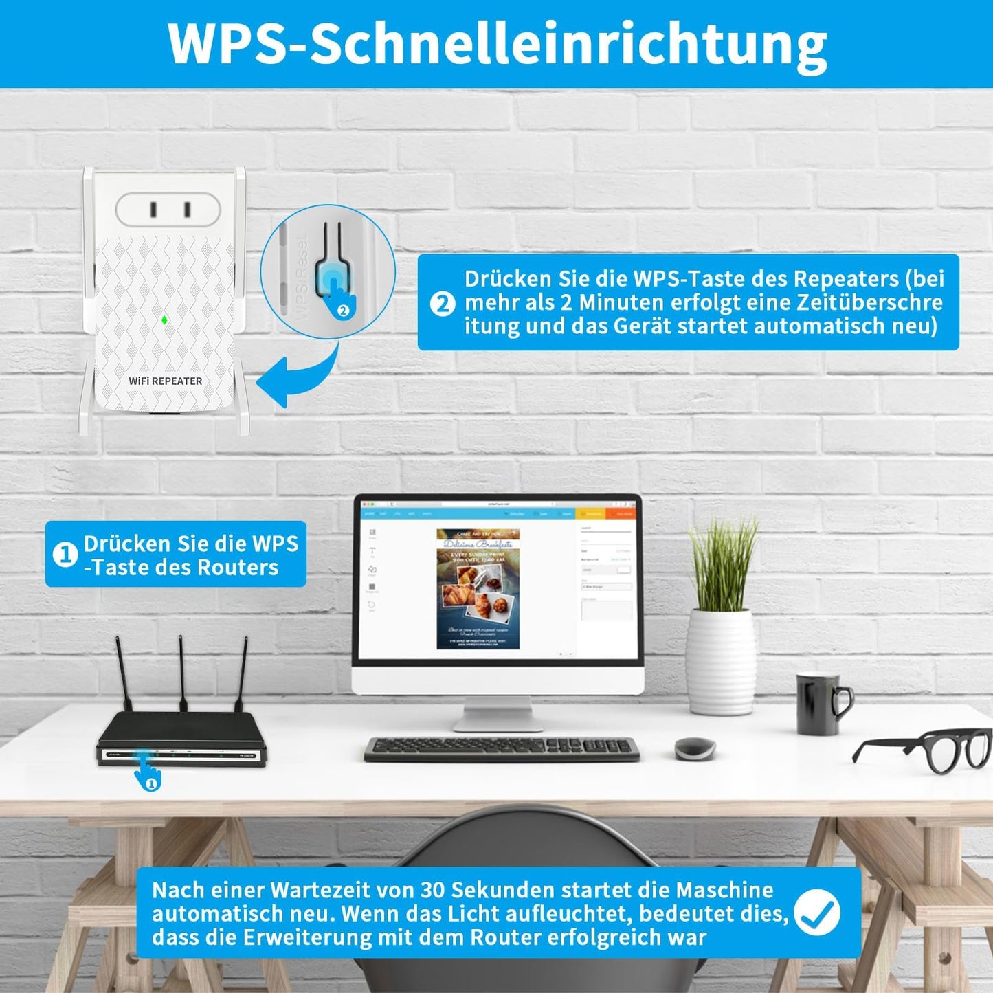 CINAMON WLAN Verstärker – Repeater N300, 2,4 GHz, Ethernet-Port, WPS, bis 200 m²