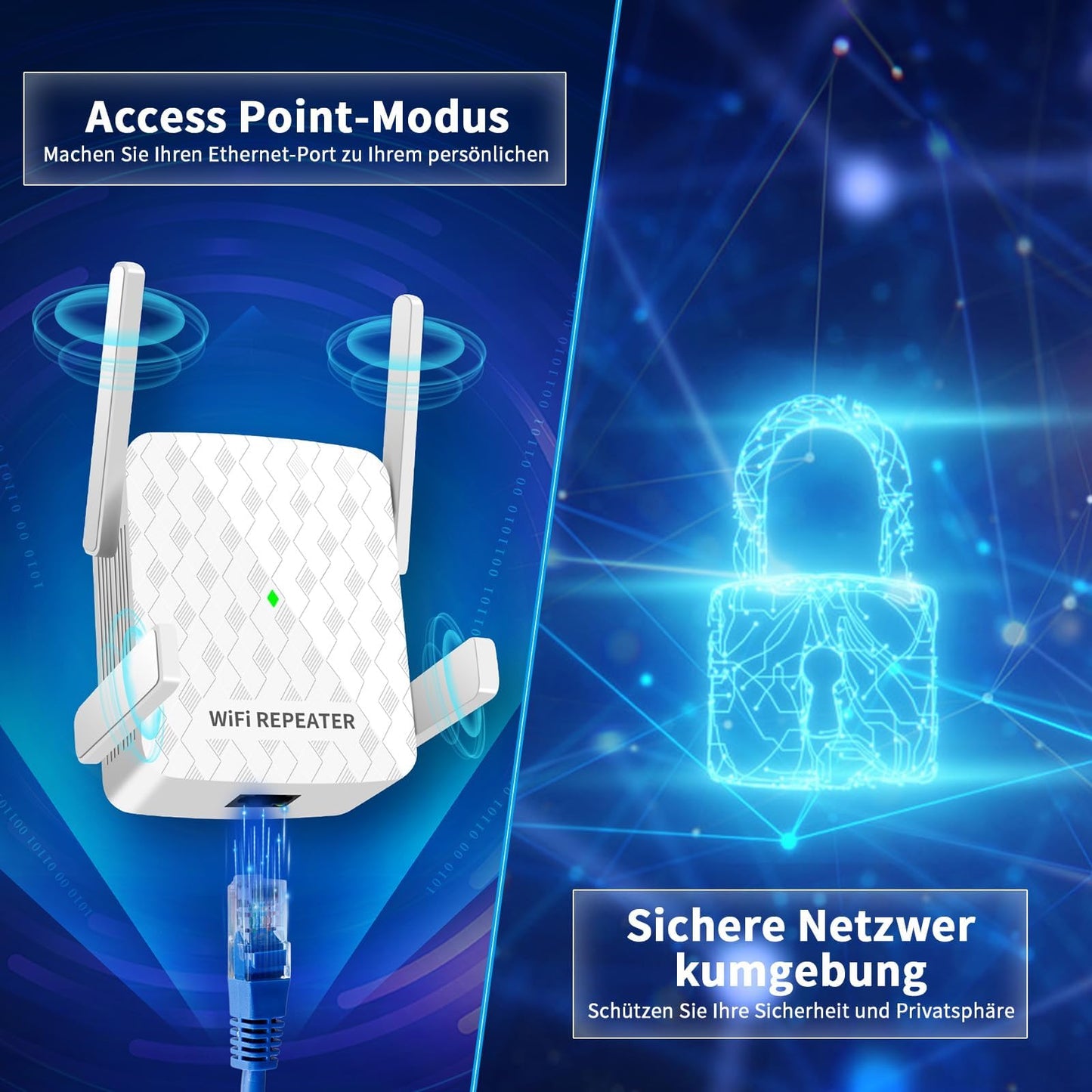 CINAMON WLAN Verstärker – Repeater N300, 2,4 GHz, Ethernet-Port, WPS, bis 200 m²