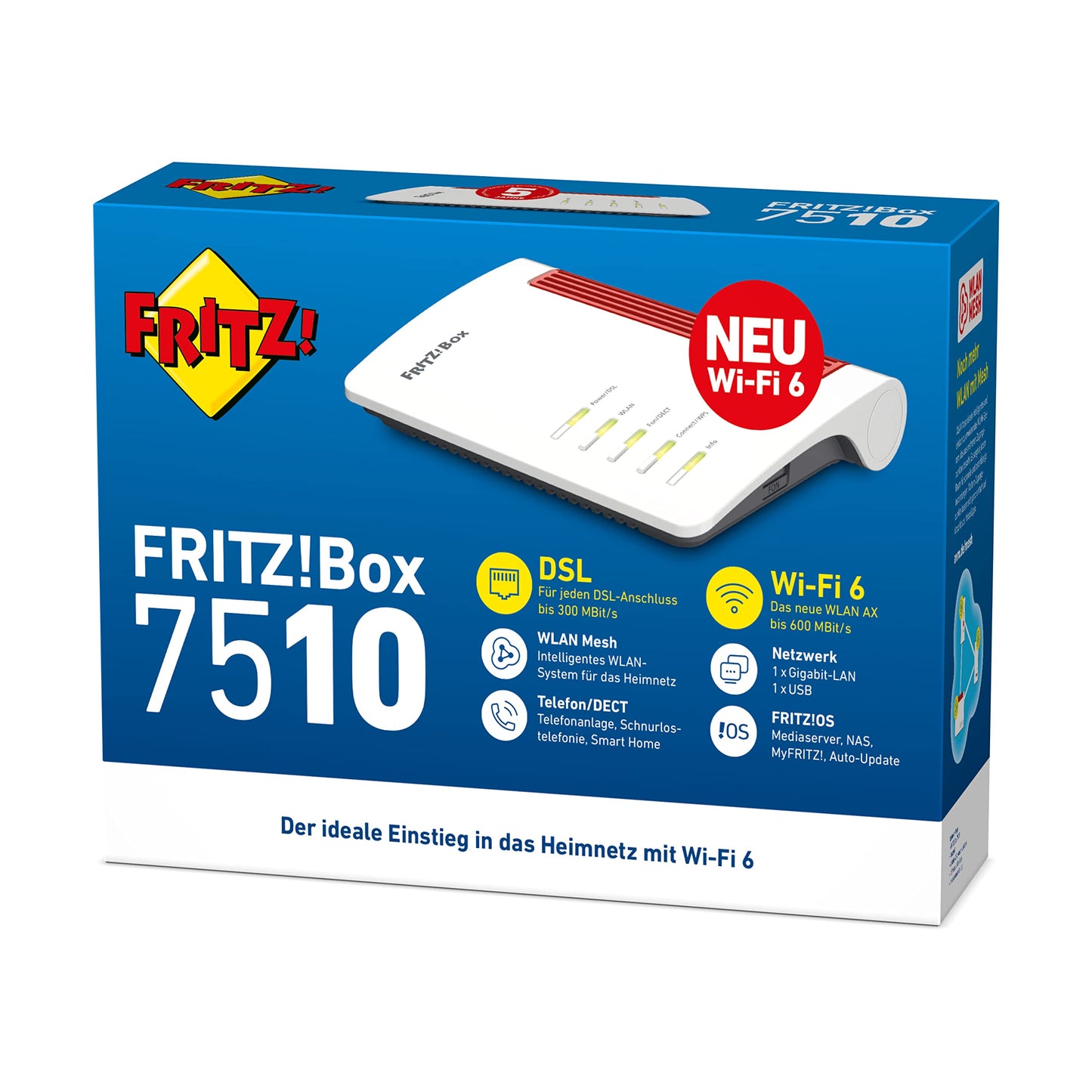 FRITZ!Box 7510 – Wi-Fi 6 DSL-Router bis 300 Mbit/s, WLAN Mesh, DECT-Basis