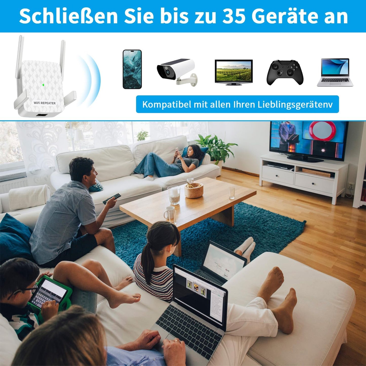 CINAMON WLAN Verstärker – Repeater N300, 2,4 GHz, Ethernet-Port, WPS, bis 200 m²