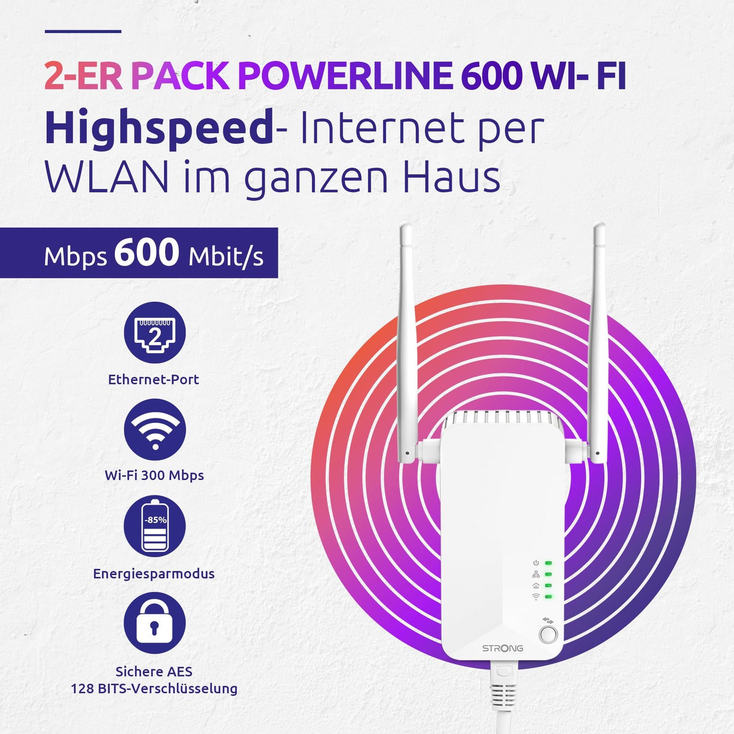 STRONG Powerline 600 Duo Wi-Fi EU Set – Powerline Adapter mit WLAN & Steckdose