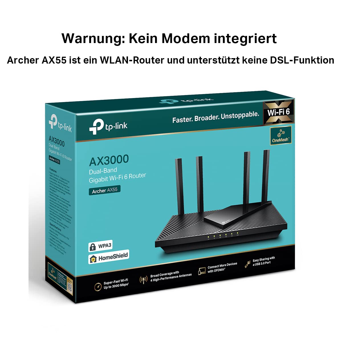 TP-Link Archer AX55 – WLAN Router Wi-Fi 6, 2402 Mbit/s + 574 Mbit/s, Gigabit-LAN