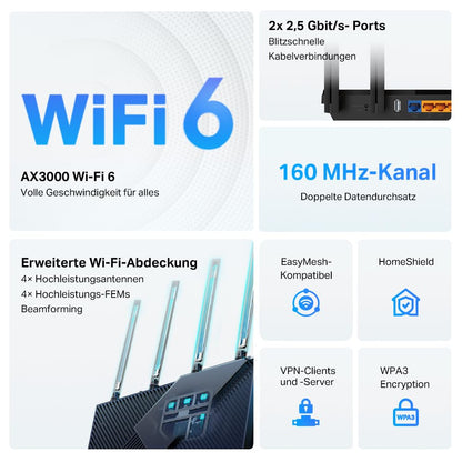TP-Link Archer AX55 Pro – Wi-Fi 6 Router AX3000, Dualband, bis 3 Gbit/s, Gigabit-Ports
