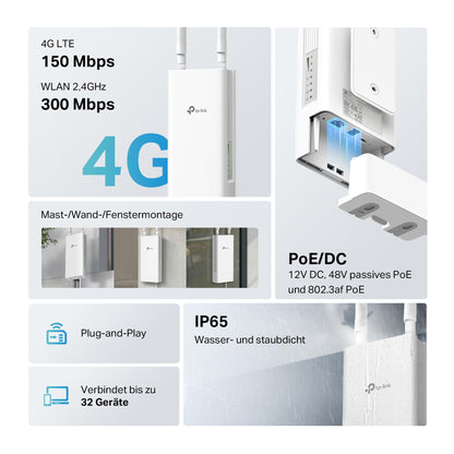 TP-Link TL-MR110 Outdoor – 4G LTE Router mit SIM-Slot, bis 150 Mbit/s, IP65, PoE/DC
